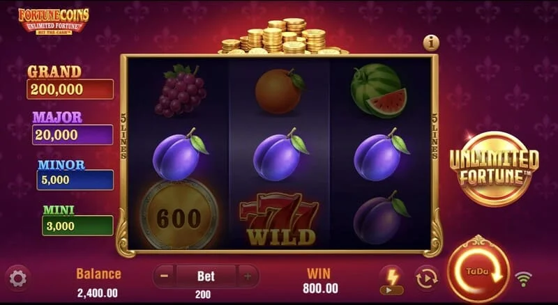 Fortune Coins Unlimited Fortune – pagrindinis 3x3 tinklelis su vaisių simboliais